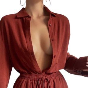 Seven Wonders Satin Long Sleeve Button Down Shirt Brown Size Large NWT